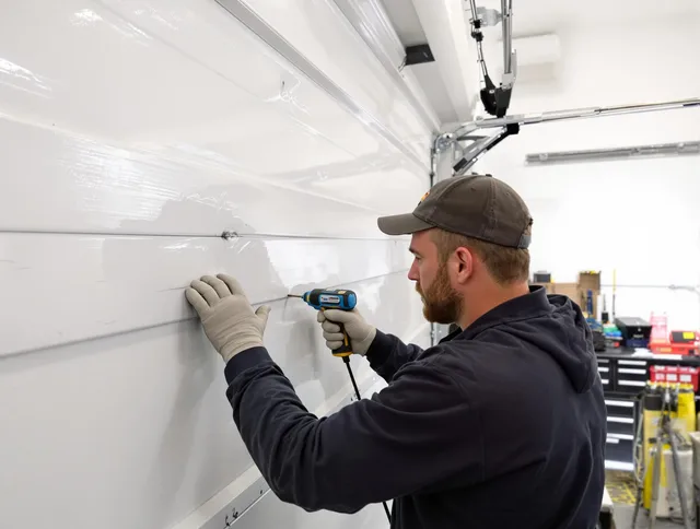 Ridgefield Garage Door Repair technician demonstrating precision dent removal techniques on a Ridgefield garage door