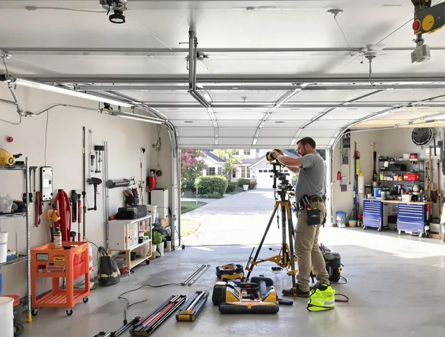 Ridgefield Garage Door Repair specialist performing laser-guided track alignment in Ridgefield
